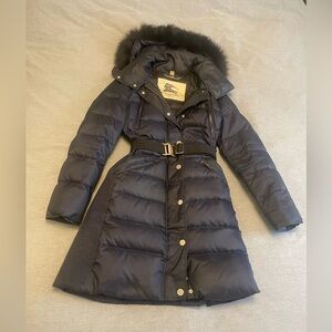 Burberry Navy Puffer Jacket with Fur Hood